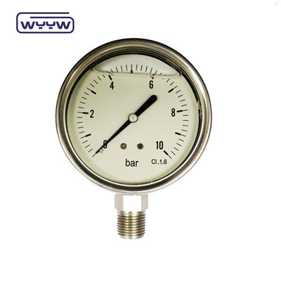 4 inch olie gevulde drukmeter van roestvrij staal met een nauwkeurigheid van 2,5%/1,6% en een draad van 1/4'PT/NPT/G/M