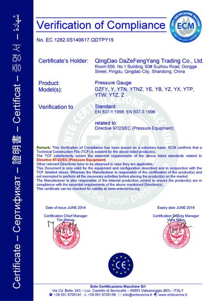 China Qingdao Dazefengyang Meter&amp; Welding Instruments Co., Ltd. certificaten